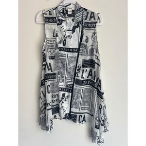 Feratelli Newspaper Print Sleeveless Blouse Black White Zipper Handkerchief M